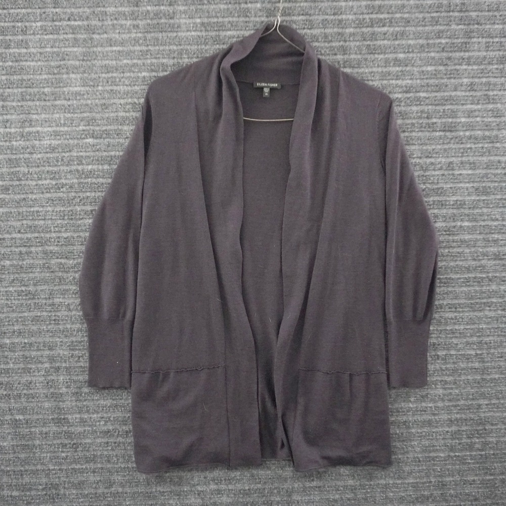 Eileen Fisher Cardigan Womens XS Purple 100% Merino Wool Open Front Shawl Pocket